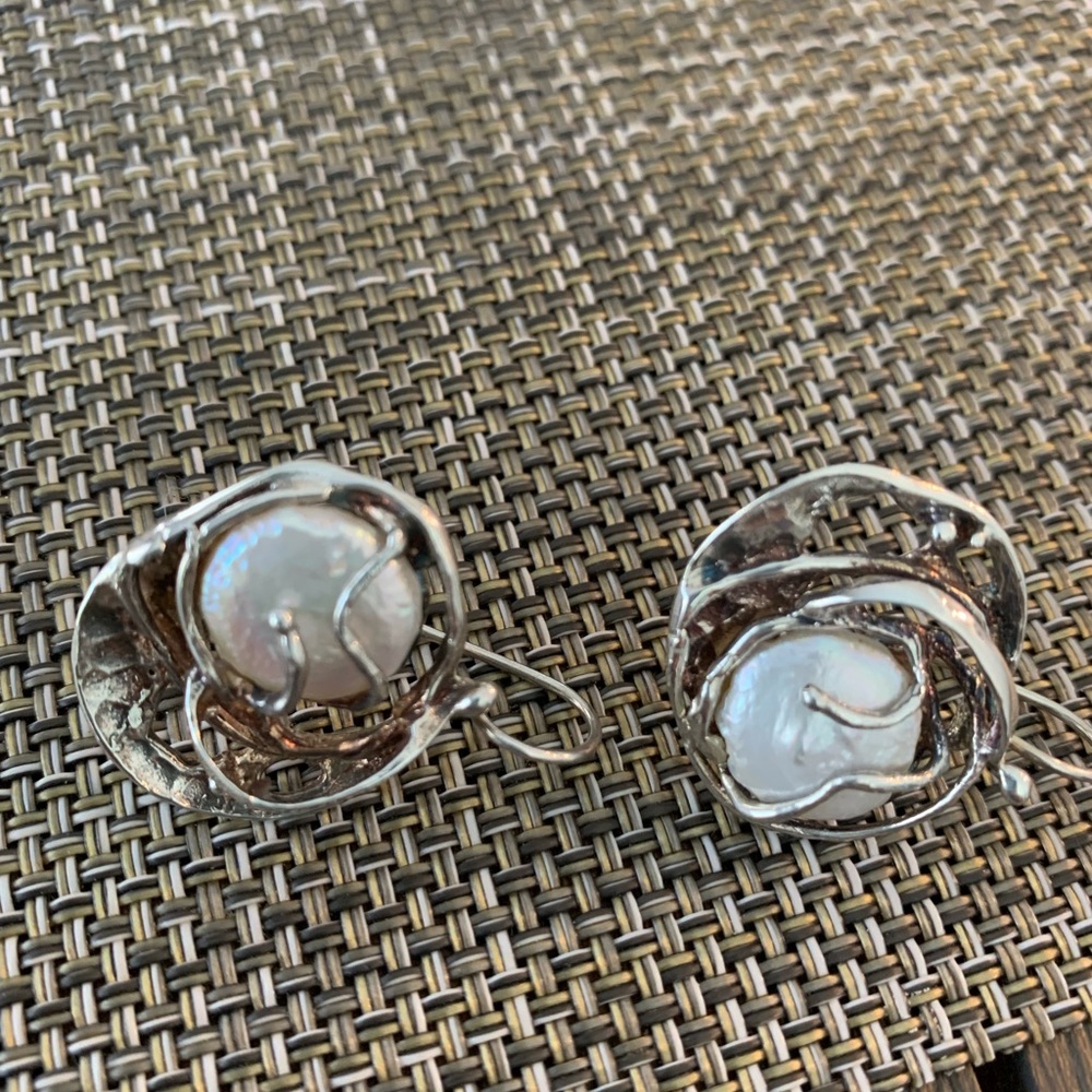 Sterling and pearl handcrafted odd shaped earrings
